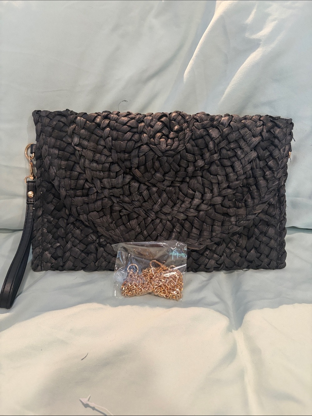 Woven Black Wristlet Clutch with Detachable Gold Chain